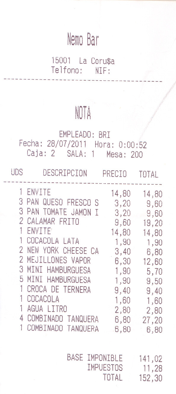 Factura de la cena de cinco comensales Facturas